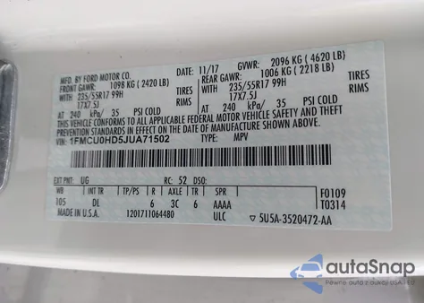 2018 Ford Escape Sel z USA, uszkodzony, nr VIN 1FMCU0HD5JUA71502